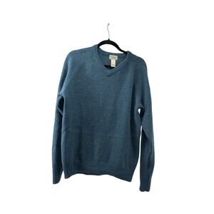 LL Bean Size M Reg Sweater Teal 100% Lambswool Pullover V Neck Winter Holiday